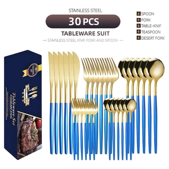 Silverware Set – 30 Piece Family Dinnerware Set – Flatware Set Service For 6 – blue Gold Tableware Sets – Cutlery Great For Family Gatherings & Daily Use – Spoons, Knives, Forks