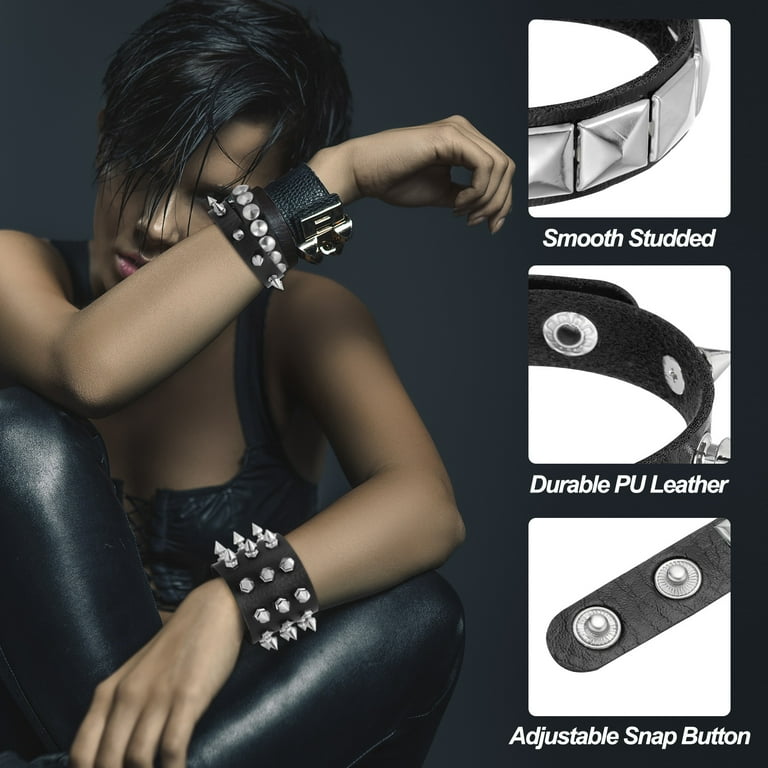 Uxcell 3Pcs Rock Punk Studded Leather Bracelet Set, 8.7