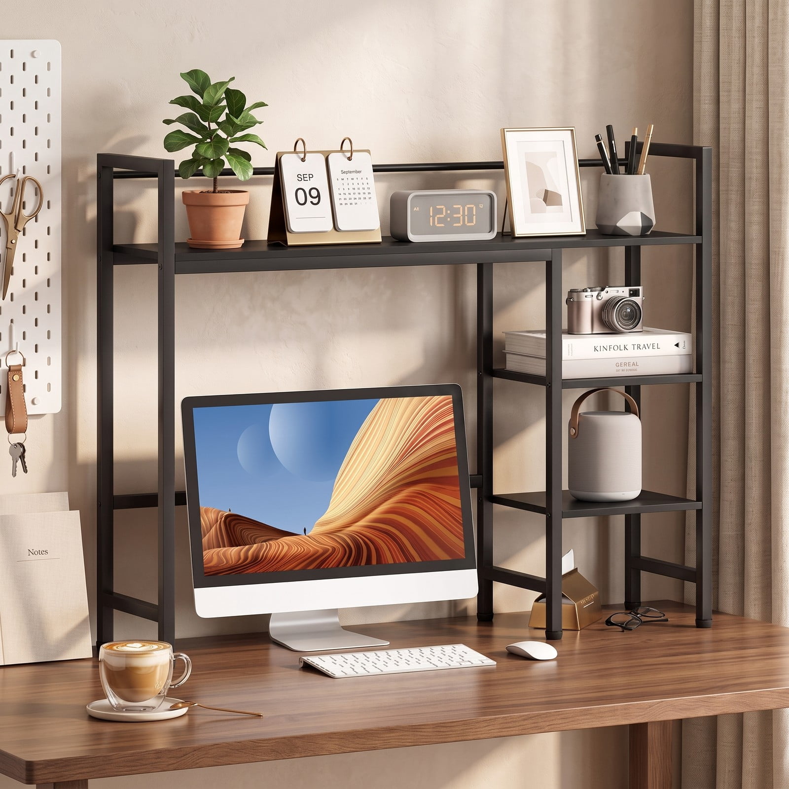 Furnibear Desktop Bookshelf 38.5 Inch Wide Storage Display Rack with Metal Frame, Countertop Bookcase Organizer for Home Office Desk, Living Room and Bedroom, Black