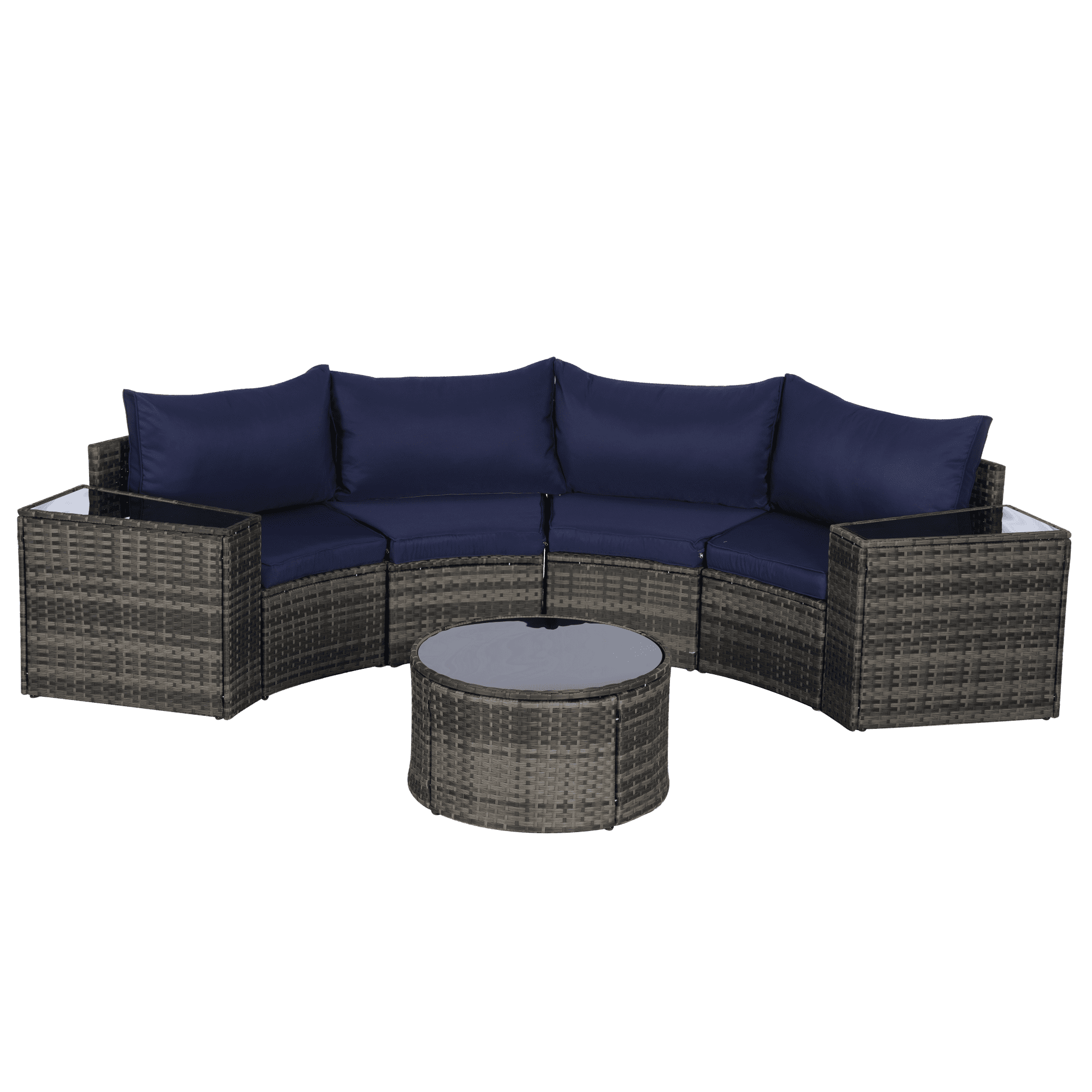 7-Piece Outdoor Patio Furniture Half-Moon Sectional Round Patio Furniture Set Sofa with Tempered Glass Round Coffee Table (Dark Blue)