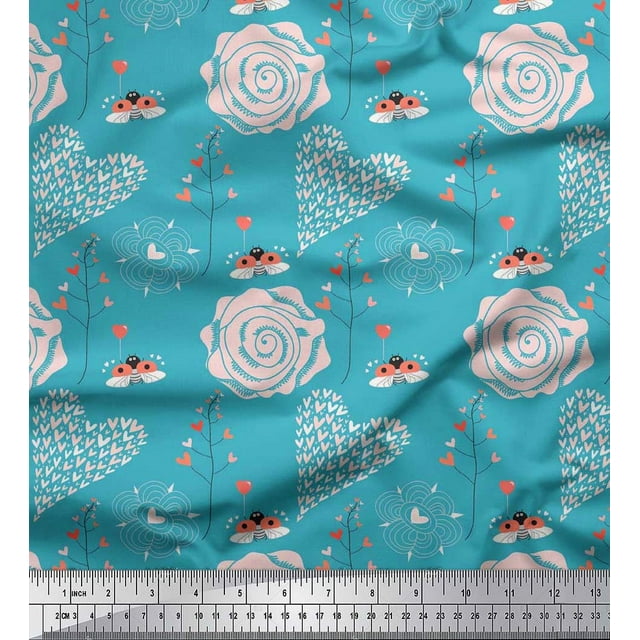 Soimoi Satin Silk Fabric Heart,Bee & Floral Artistic Decor Fabric Printed Yard 42 Inch Wide