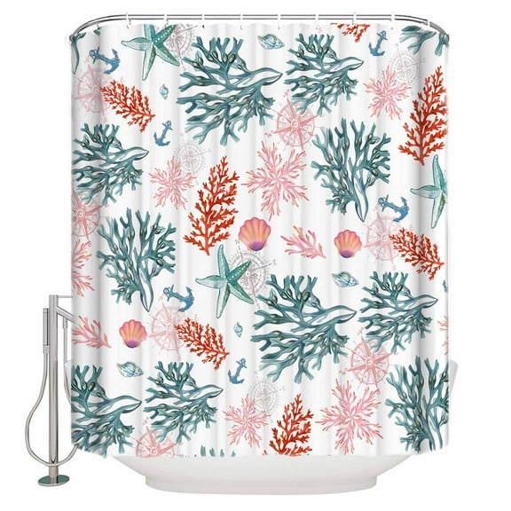 Fabric Shower Curtain, Summer Ocean Blue and Orange Coral White Bathroom Curtain with 12 Hooks Waterproof No Bad Odor Machine Washable Bath Curtains for Bathroom, Spa Room, Background Cloth, 66"x72"
