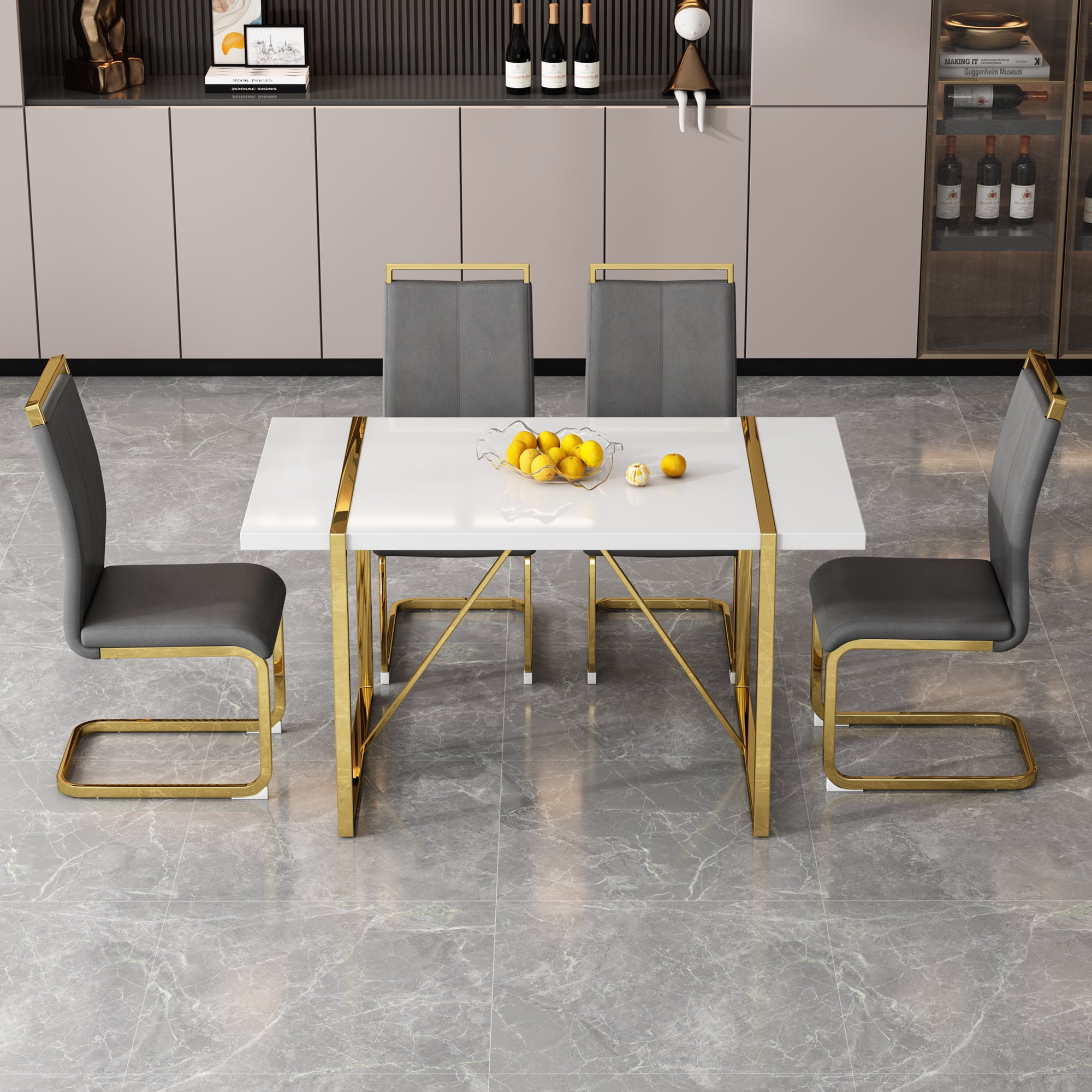 NYEESS 55 inch White Rectangular Dining Table, MDF Top with Gold Metal Frame, Modern Style for Kitchen and Dining Room