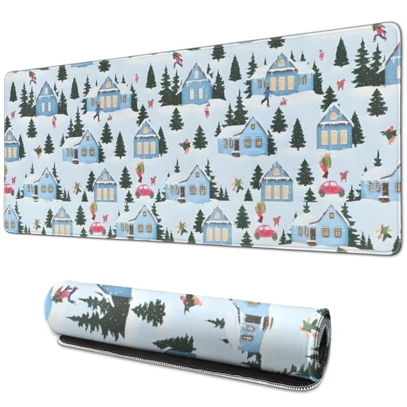 Long Mouse Pads for Desk,Light Blue Christmas House and Tree Desk Mats on Top Of Desks, Desk Mouse Pad Extra Large with 3mm Non-Slip Base and Stitched Edge for Gaming,Work,Home 31.5x11.8in