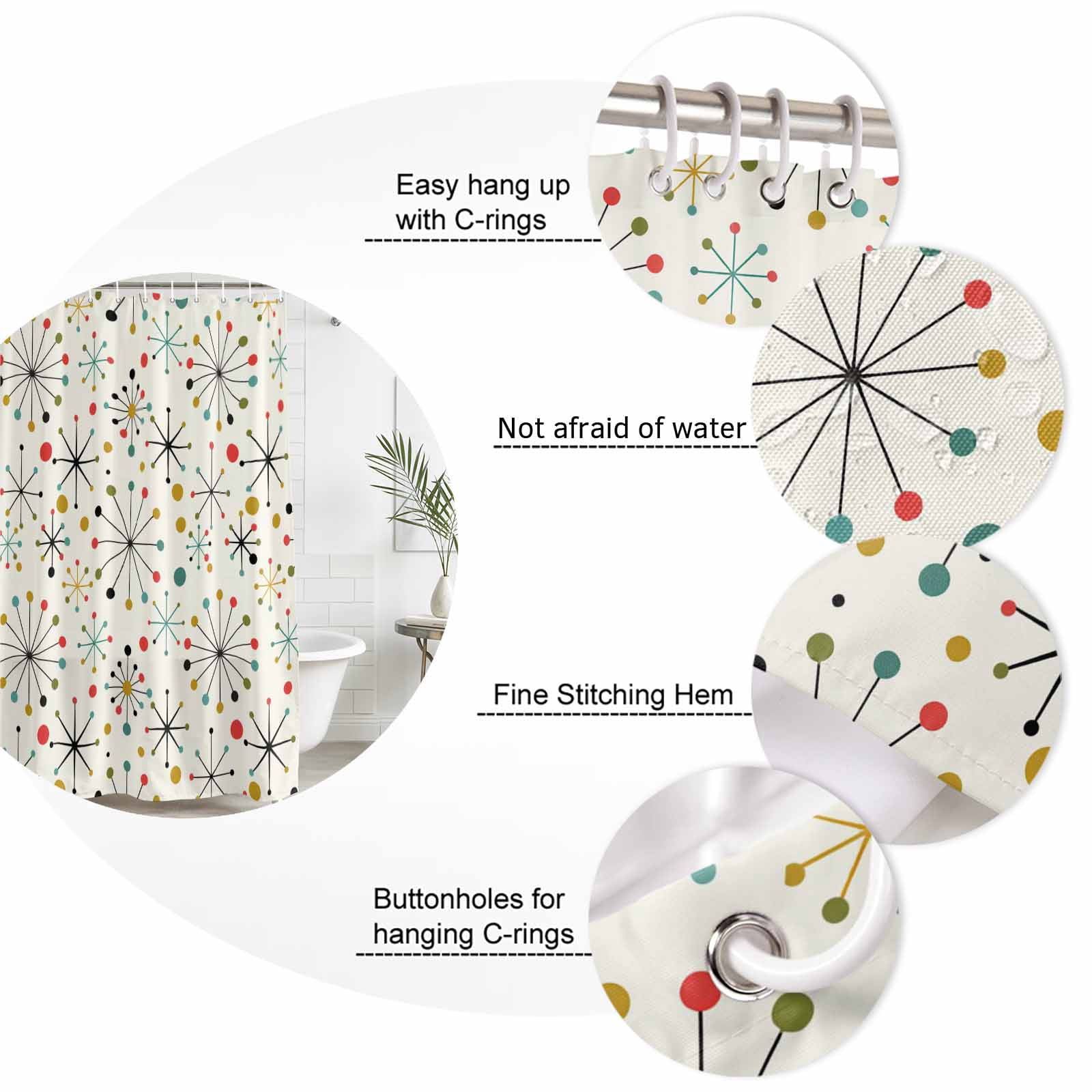 Shower Curtain Bathroom Set Mid Century Abstract Geometric Waterproof Fabric Shower Curtains with Grommets&Hooks, Modern Colorful Atomic Privacy Bath Curtain for Bathtub 72x84in