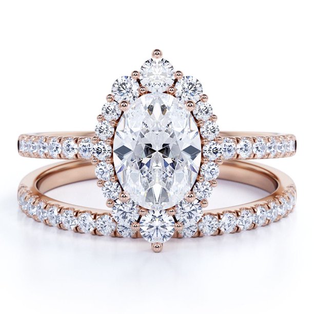 JeenMata Anillo de Bodas Vintage con Pavé de Diamantes Reales de Corte Ovalado y Halo Engastado en Oro Rosa de 10 K