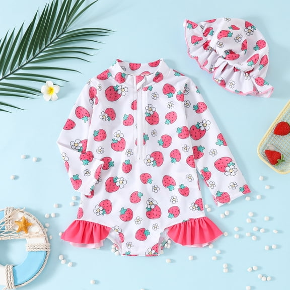 Girls One Piece Swimsuits Long Sleeve Strawberry Print Ruffled One-Piece Swimsuit with Cap Swimsuit for Girls Red 6-12 Months