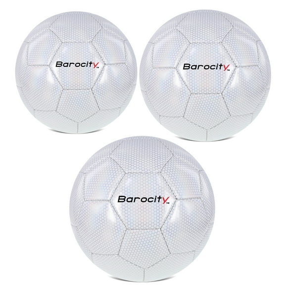 Barocity Iridescent Soccer Balls Set of 3 - Mixed Sizes White Official Match Balls with Reflective Hex Pattern, Sport Soccer Balls for Indoor and Outdoor Training and Practice Games- Sizes 3, 4, and 5