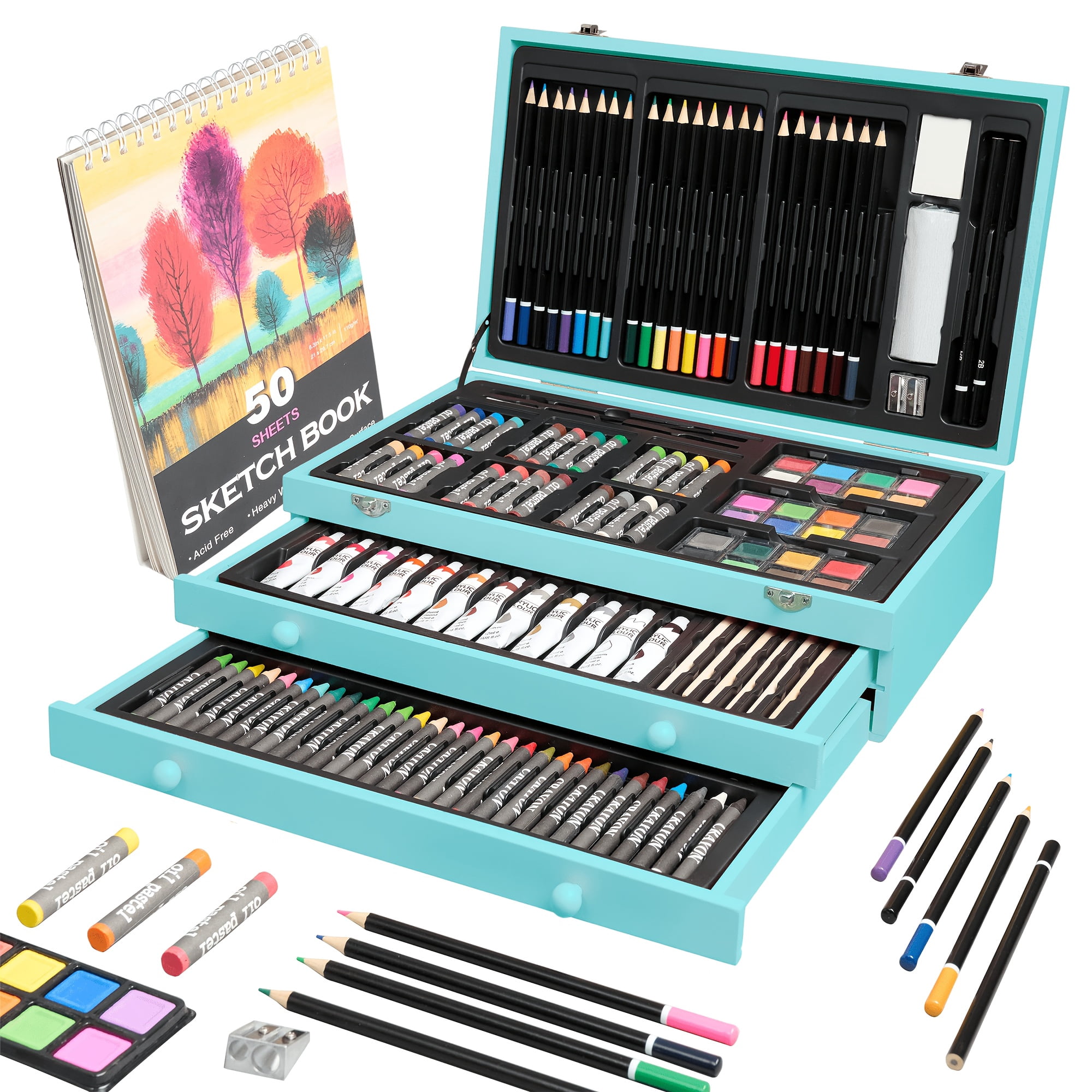 175-Piece Art Brush & Painting Supply Organizer, Portable Case for Watercolor, Crayons & Markers