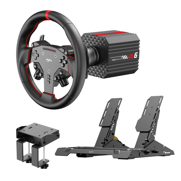 PXN VD6 Bundle - PC Steering Wheel and Pedals - 6Nm Direct Drive Servo Motor Base, W AS Racing Wheel, Hall 3-Pedal & Table Clamp - Pro-Level Sim Racing Rig for PC Windows 7-11