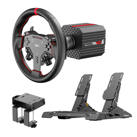 PXN VD6 Bundle - PC Steering Wheel and Pedals - 6Nm Direct Drive Servo Motor Base, W AS Racing Wheel, Hall 3-Pedal & Table Clamp - Pro-Level Sim Racing Rig for PC Windows 7-11