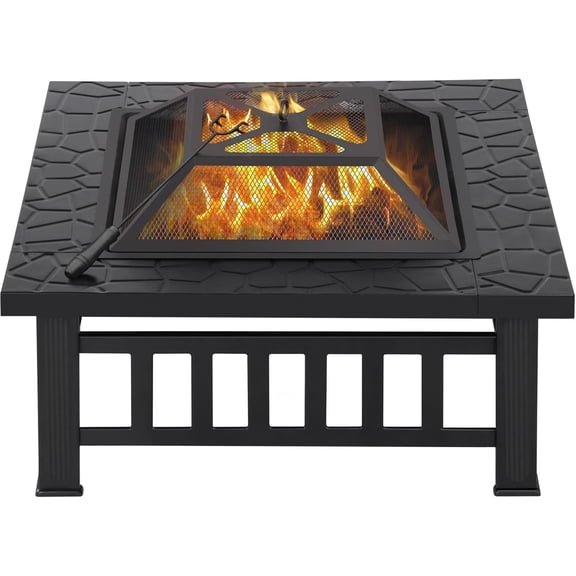 Outdoor Fire Pit Wood Burning 32in Multifunctional Firepits Table Patio Stove with Waterproof Cover, Spark Screen, Poker, Large Square Fire Pits for Outside Garden Camping