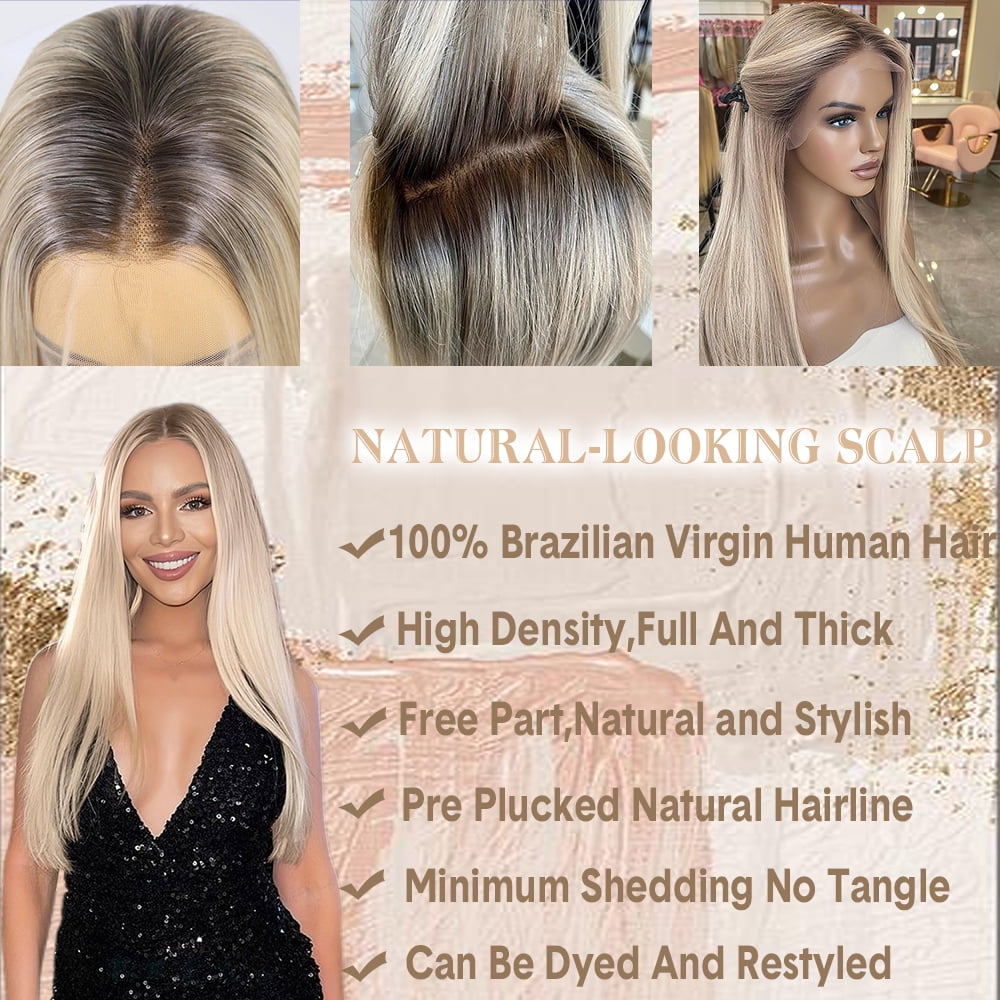 180% Density Balayage Ash Blonde Ombre Hightlight Remy Human Hair Wig 13x4 HD Transparent Lace Front Wigs Human Hair Pre Bleached Pre Plucked Lace Frontal Human Hair Wig With Natural Hairline