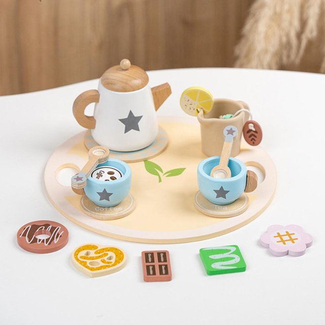 Feltree Wooden Pretend Play Tea Set with Tray for Kids Afternoon Tea Party Social Skills Educational Toy