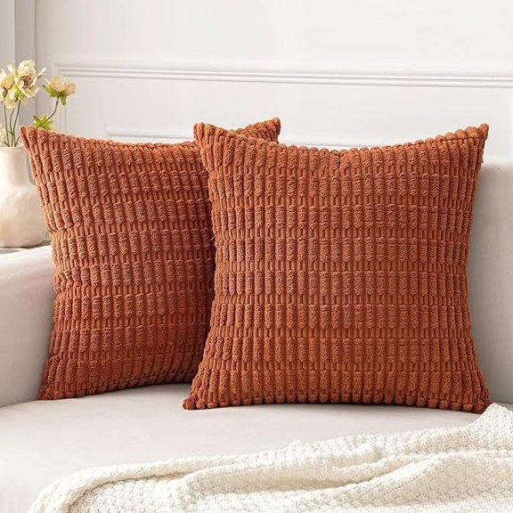 Pack of 2 Corduroy Decorative Throw Pillow Covers 16x16 Inch Soft Boho Striped Pillow Covers Modern Farmhouse Home Decor for Sofa Living Room Couch Bed Rust
