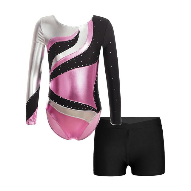 Doomiva Girls 2Pcs Rhinestone Tracksuit Long Sleeve Gymnastics Dance Outfit Leotard with Shorts Unitard B03 12