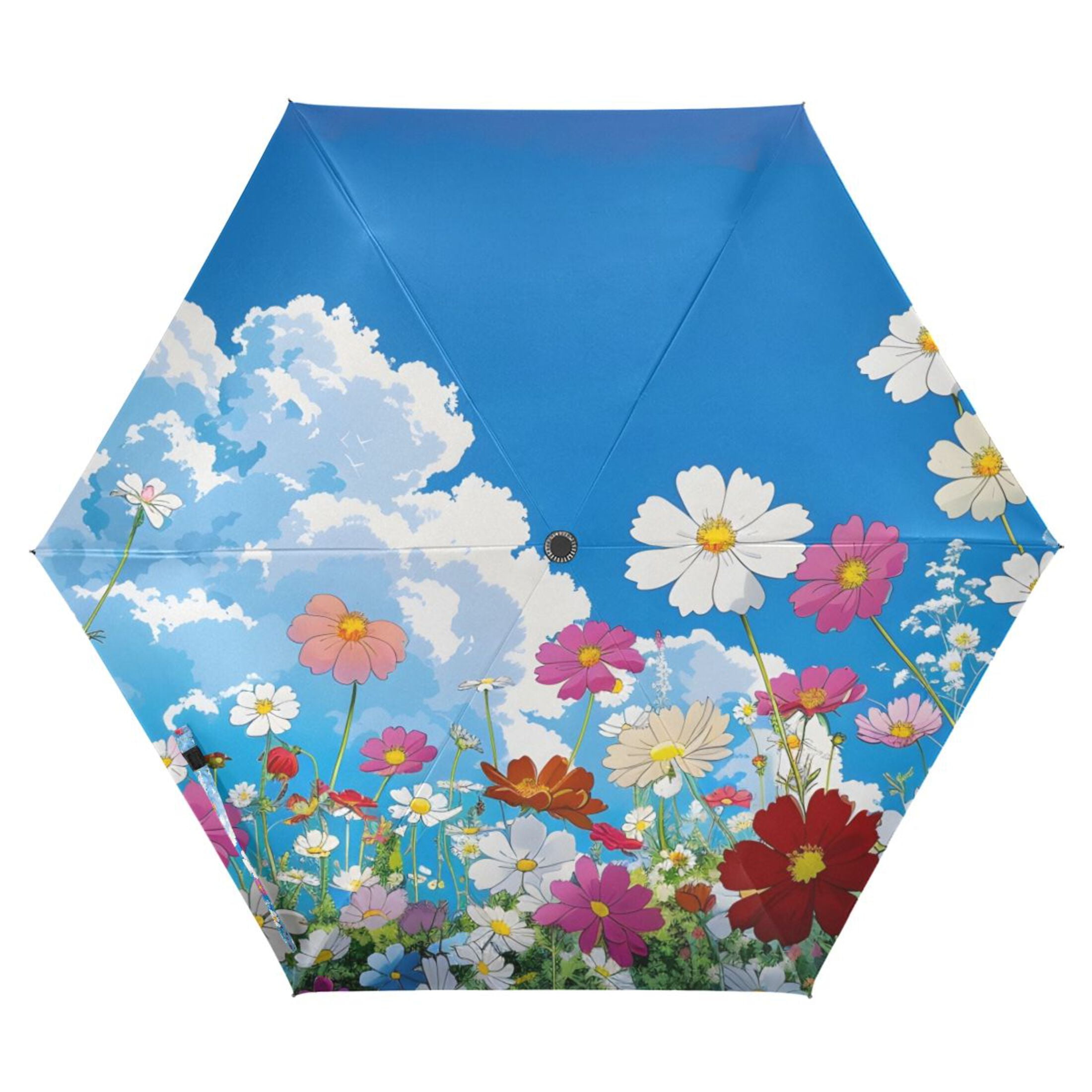 Sky Clouds Flowers All Weather Umbrella Triple Folding Parasol 6 Ribs UV Protection Portable