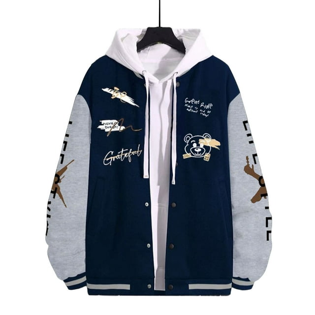 xiaxaixu Men Baseball Jacket, Long Sleeve Button Closure Letters Bear Print Contrast Color Varsity Jacket Fall Casual Jacket