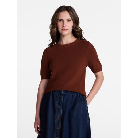 Time and Tru Women's Crewneck Sweater with Short Sleeves, Lightweight, Sizes XS-XXXL