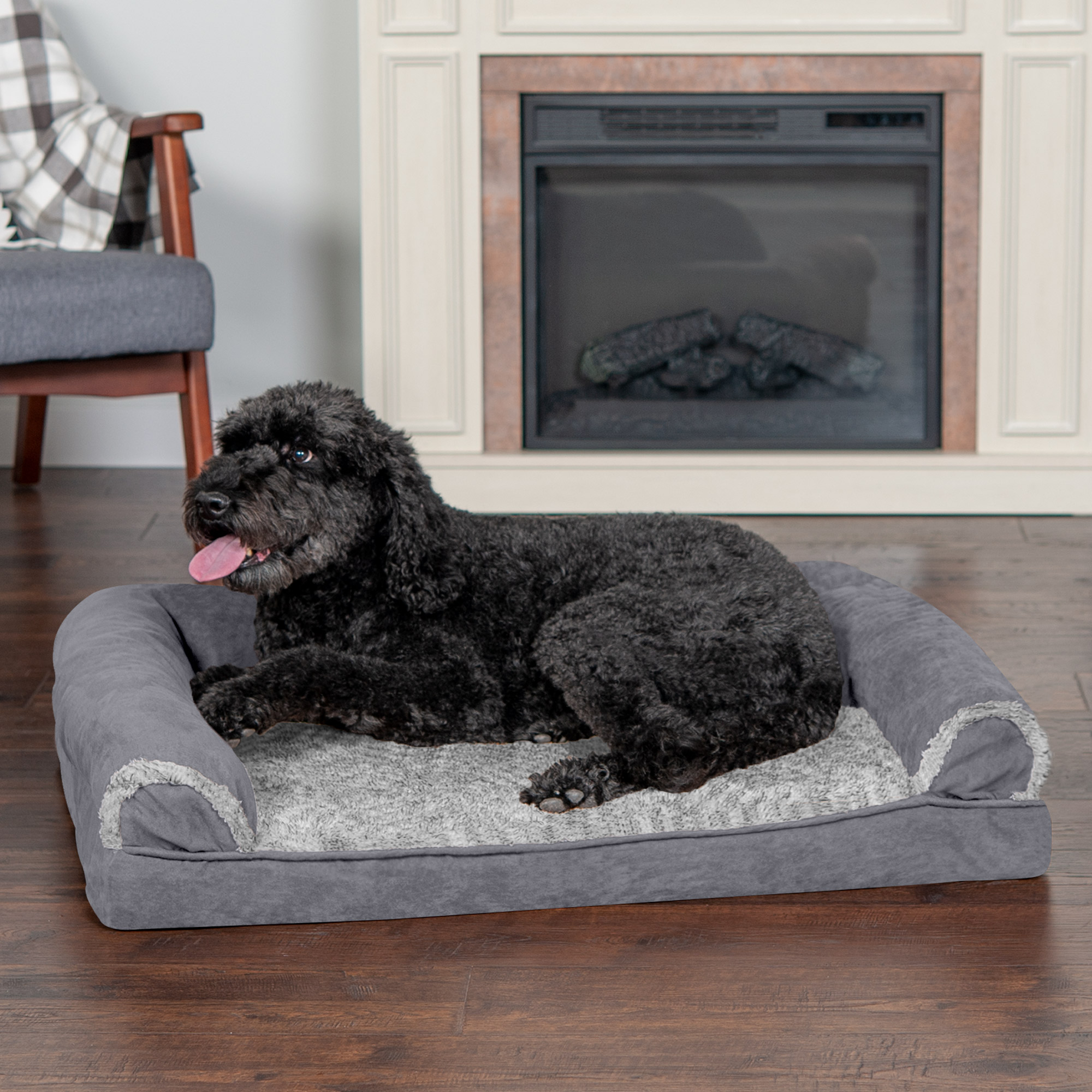 Furhaven Memory Foam Hundebett – Sofa-Design Mit Sherpa & Chenille, Waschbarer Bezug, Orthopädisch – Farbe Creme, Größe M (bis 16 Kg)
