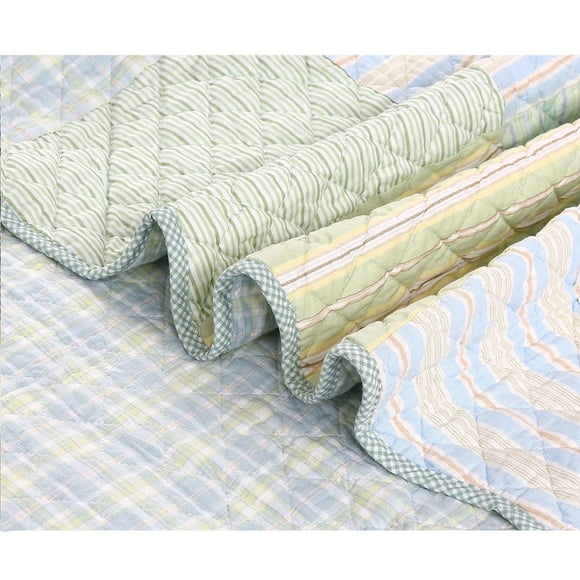 CNKOO Ensemble de Couette Grand Size Ensemble de Couverture de 3 Pièces pour la Nuit Couette de Literie avec Plaid Vert Jaune Bleu Rayé Véritable Patchwork