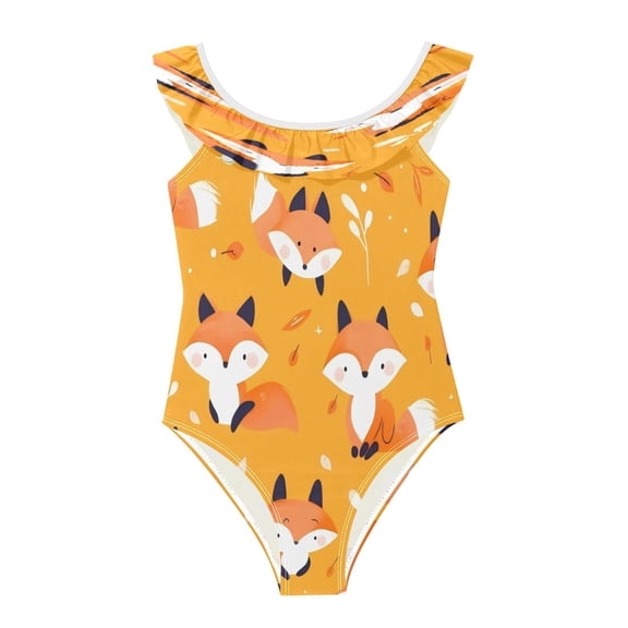 Girls Ruffle One-Piece Swimsuit Girls' One-Piece Swimwear Printed Kids Bathing Suit Soft Stretchy Swimwear for Beach Pool Orange Cartoon Fox 3Years