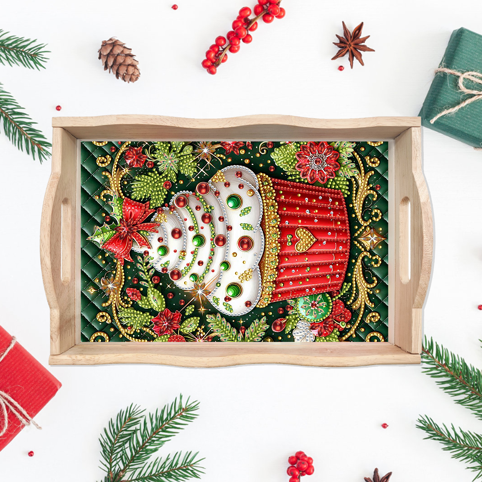 FLOPESN DIY Diamond Art Painting Handmade Wooden Tray,Creative Design Serving Dinner Plate for Coffee Living Room Home Organizer-Christmas Cupcakes
