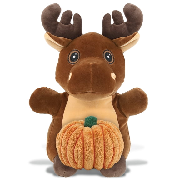 DolliBu Snug-Mooshies Standing Moose Stuffed Animal with Pumpkin Decor - Pumpkin Plush Animal for Fall, Halloween and Thanksgiving, Pumpkin Toy for Baby, Kids, Adults - 10 Inches