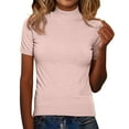 thumbnail image 4 of ManxiVoo Women's Mock Neck Top Short Sleeve Knit Pullover Sweater Smart Casual Ribbed Shirt M Size Pink, 4 of 8