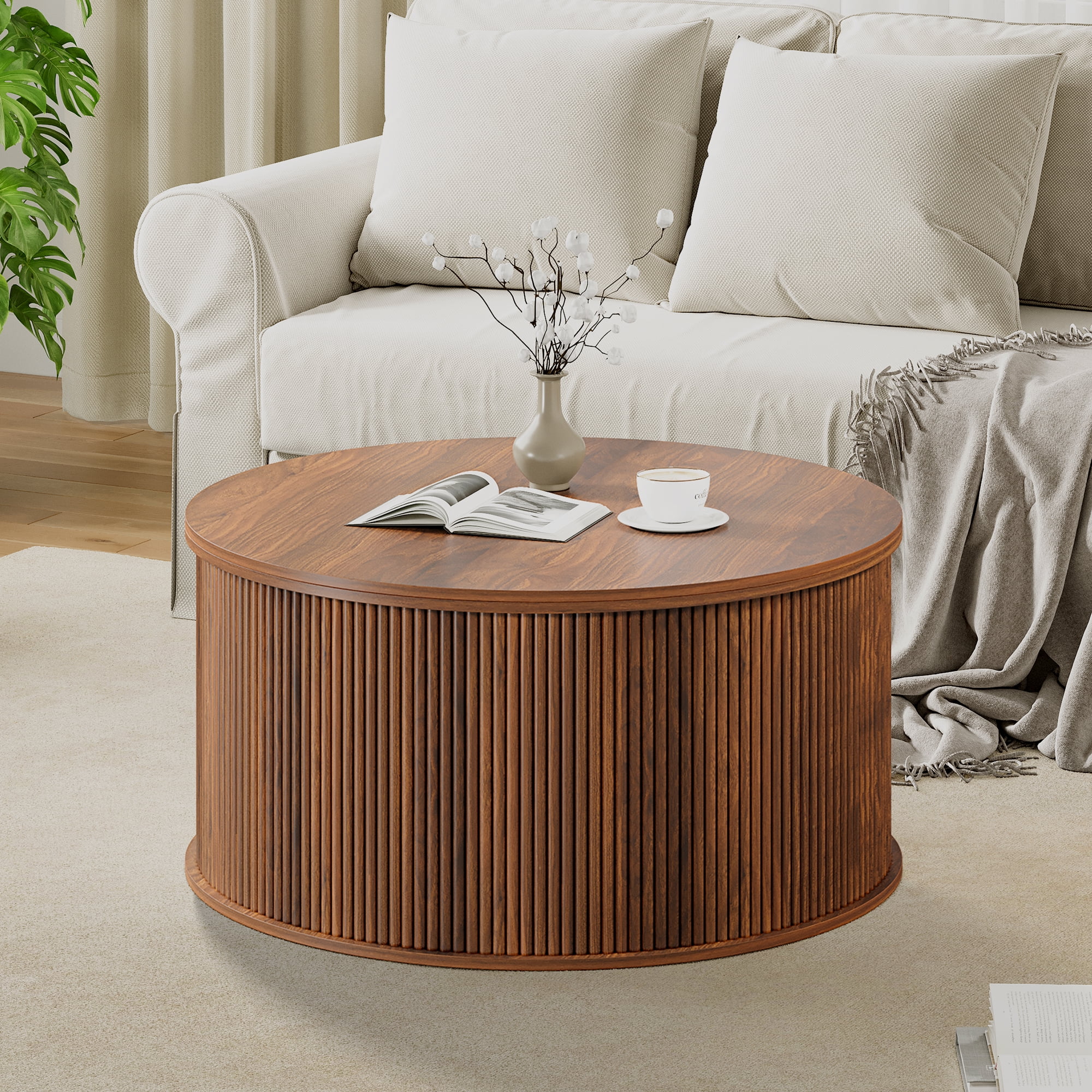 Wirrytor 31 inches Round Lift Top Coffee Table with Storage and Flip Top, Fluted Center Table for Living Room, Wood Coffee Table with Hidden Compartment, Round Arc Design, Walnut