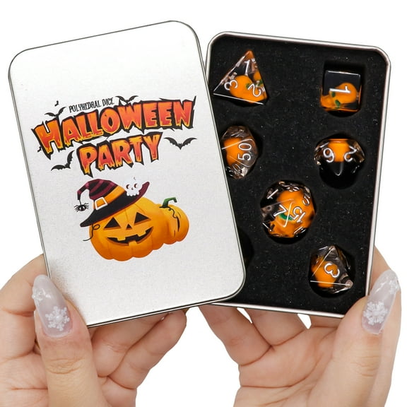 SWAJUJA Gothic Pumpkin Skull DND Dice Set with Themed Storage Box, Polyhedral RPG Dice for Tabletop Role-Playing Games