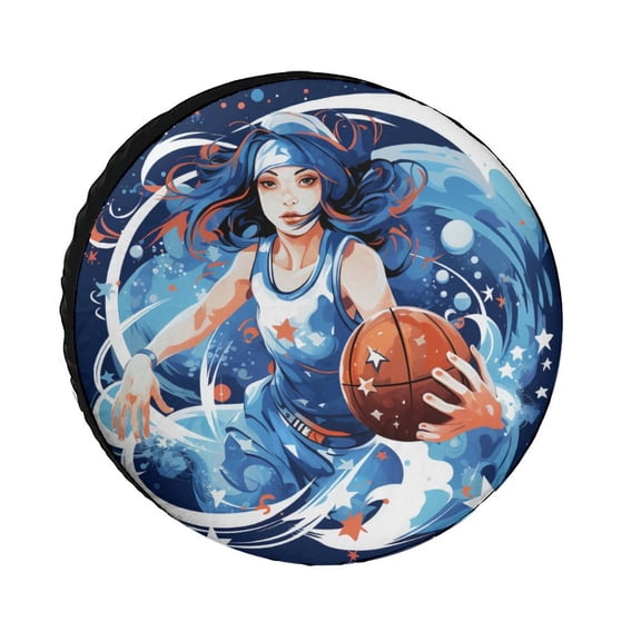 Girl Basketball Player Camping Spare Tire Cover Women’s Basketball Waterproof Polyester Wheel Protectors Wheel Covers for Trailer SUV Truck Camper Travel Trailer Accessories 12inch