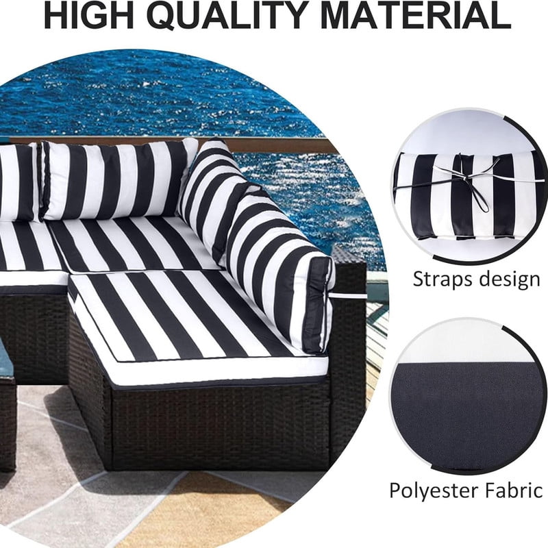 Outdoor Sectional Cushions, 6 Seat Patio Sectional Cushions, 4" Foam High-Density, Water-Resistant Patio Sofa Cushions Replacement Set（Black white）