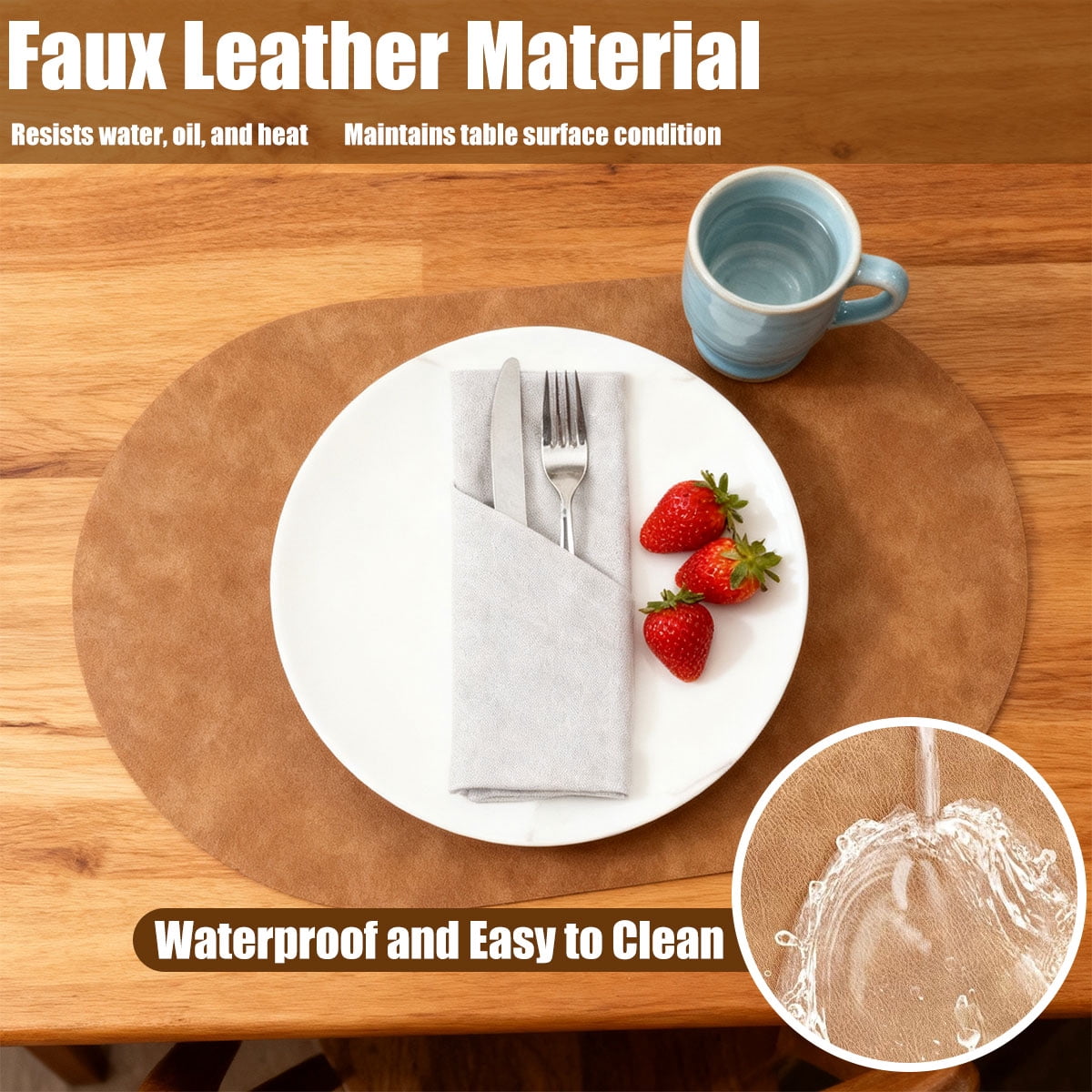 Waterproof Table Mats,Heat Resistant Oval Placemats Set of 8 Washable 12 x 17 inch,Wipeable Place Mats for Kitchen,Dining Room,Light Brown