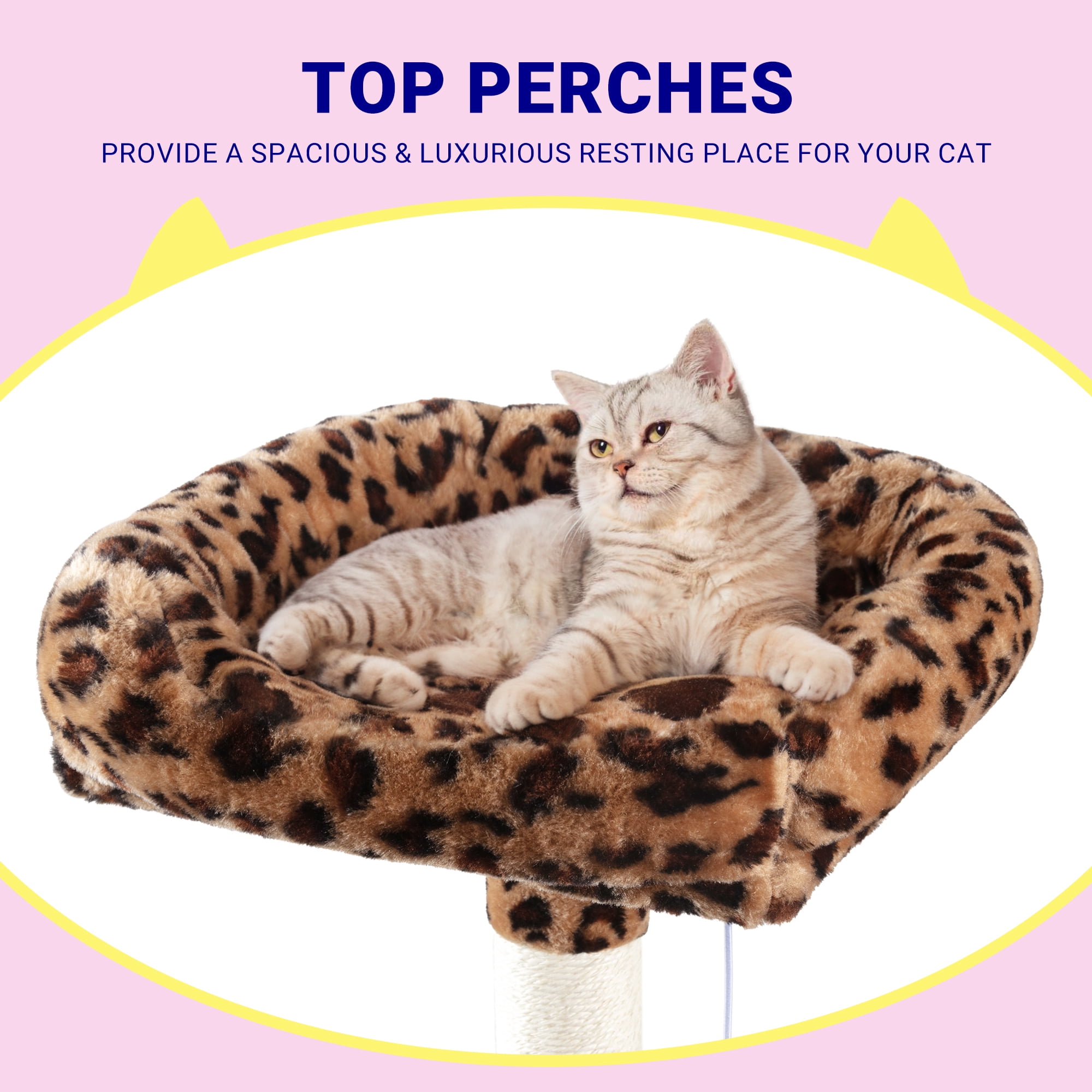 Allewie 73in Fan-Shaped Space-Saving Corner Cat Tower, Multi-Level Tall Cat Tree for Indoor Kitties, Cozy Baskets, Condos, House, Perches, Sisal Scratching Posts, Leopard Print