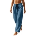 thumbnail image 4 of Women's Linen Wide Leg Pants Elastic Waist Drawstring Casual Trousers With Pockets For Summer Beach, 4 of 6