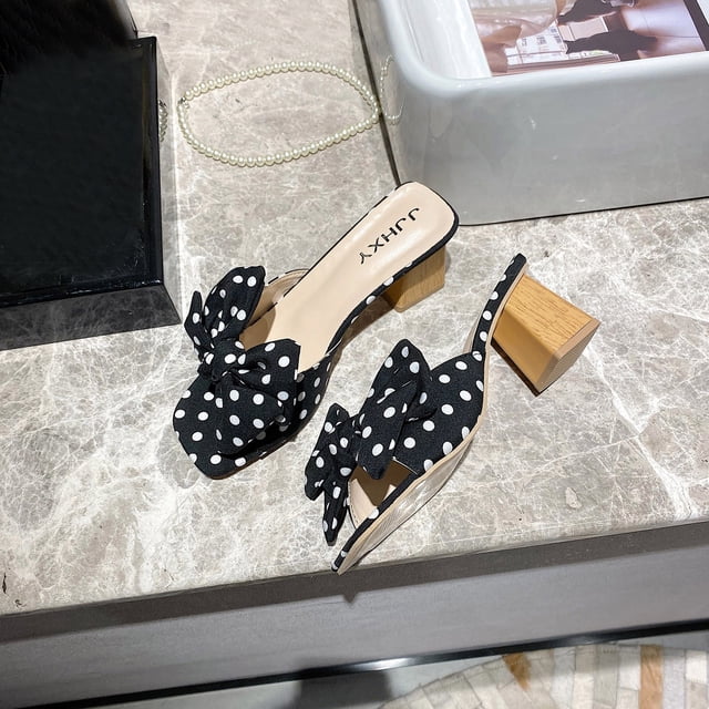 Sandalias de gran tamaño Mujer Verano Polka Dot Bow Tacón grueso Tacones altos Wmkox8yii hj789