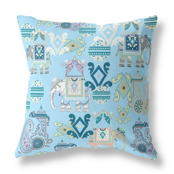 18" Elephant Howdah Broadcloth Blown and Closed Pillow in Sky Blue White Fabric