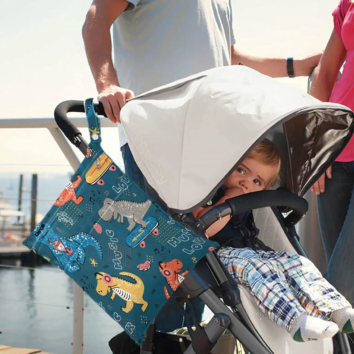 Music Lover Dinosaur 2Pcs Diaper Changing Totes Wet Bags with Zippered Pockets Washable Reusable Roomy Cloth Diaper for Travel,Beach,Daycare,Stroller,Dirty Gym Clothes,Wet Swimsuits,Toiletri