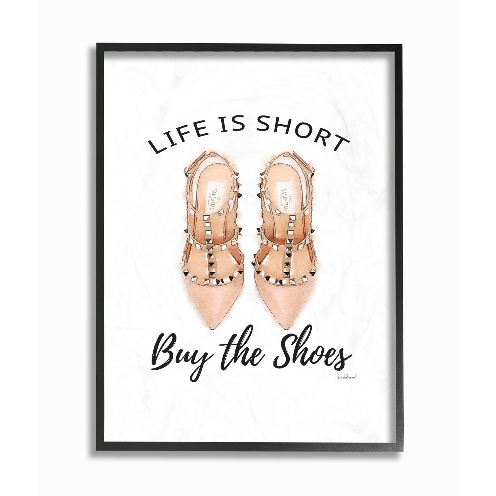 The Stupell Home Decor Collection Black and Peach Pink Life Is Short Buy The Shoes Typography Framed Giclee Texturized Art, 11 x 1.5 x 14