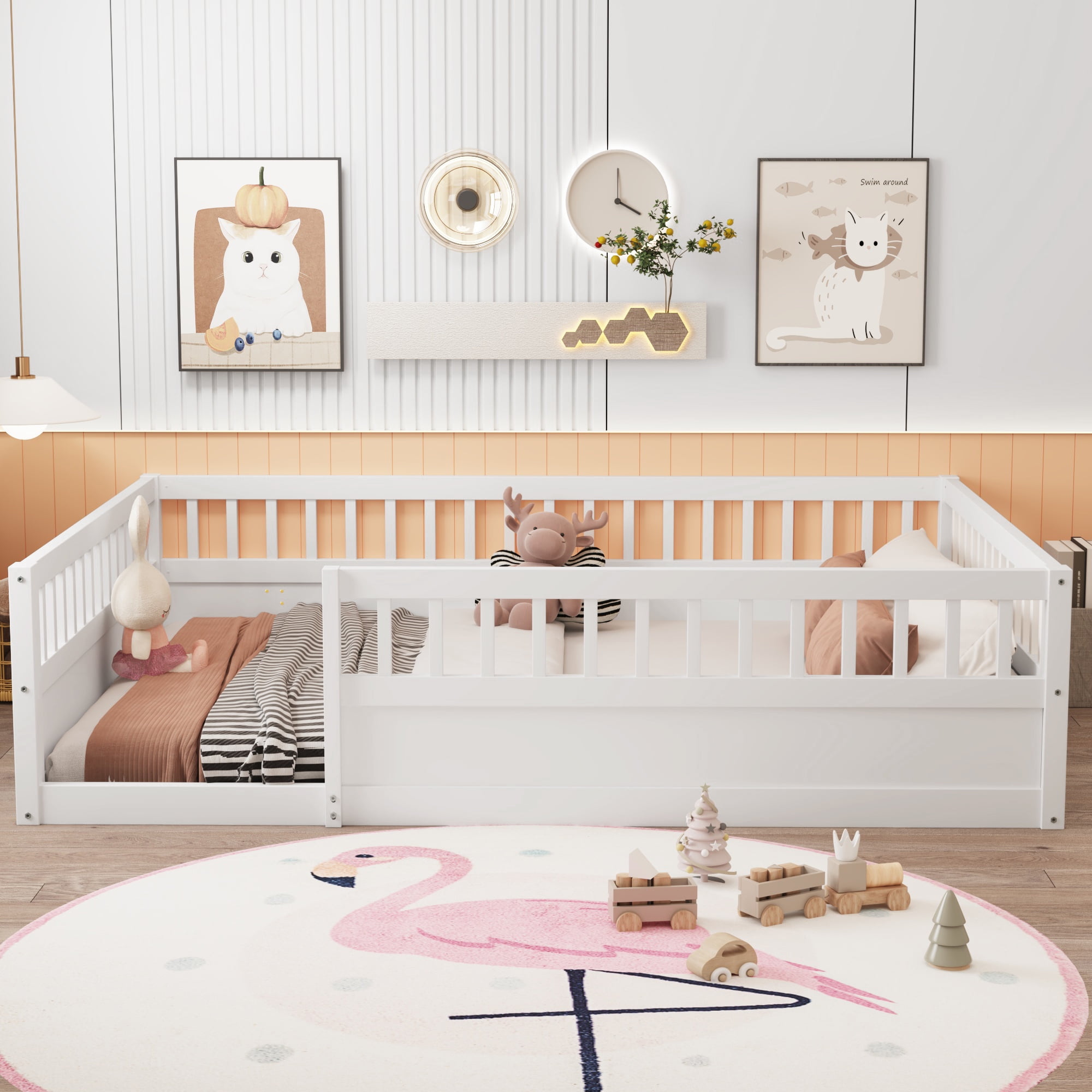 Aukfa Full Size Bed Frame with High Fence, Wood Montessori Floor Bed for Kids Toddler, White