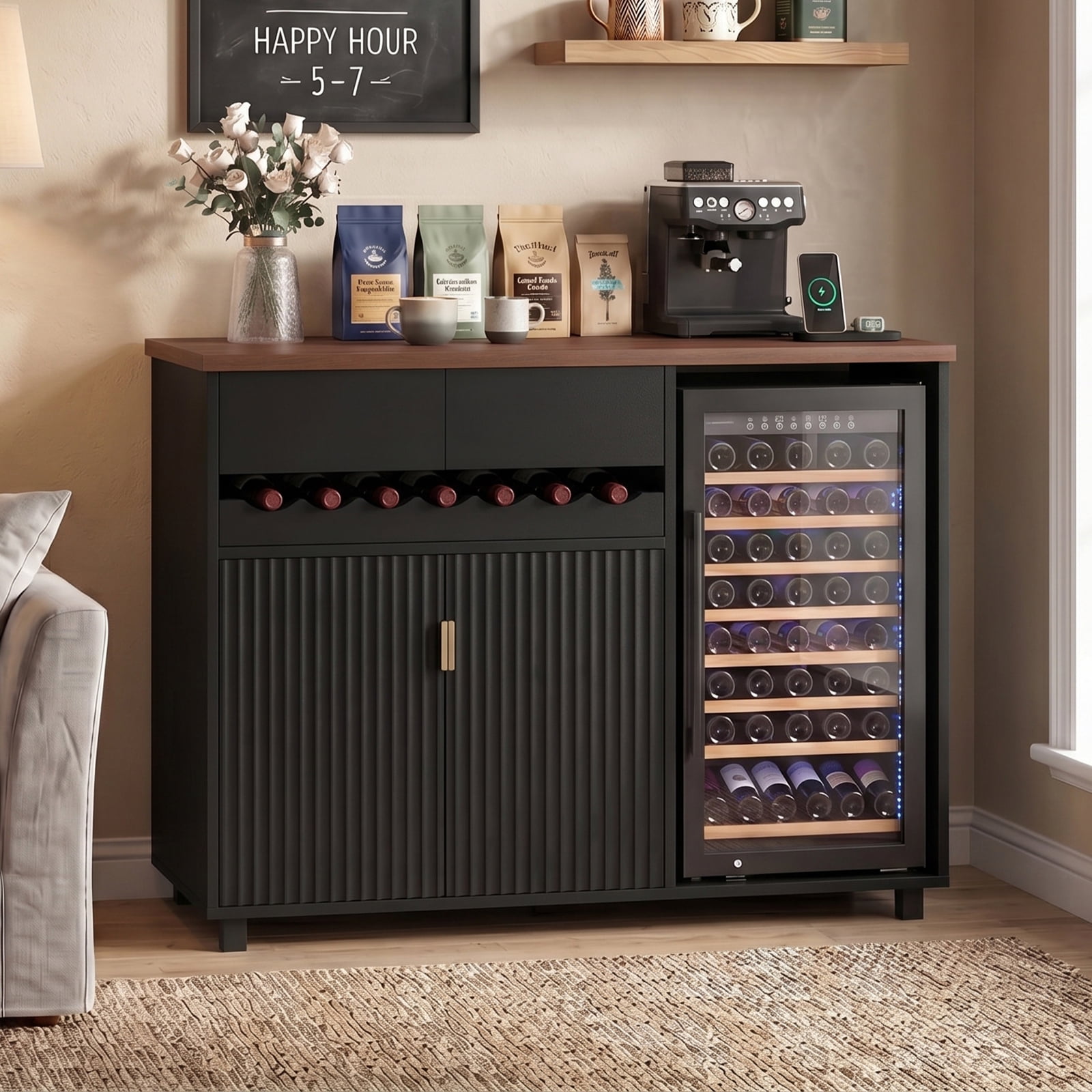 Advwin Wine Bar Cabinet with Mini Fridge Space & Power Outlet, Fluted Door Coffee Bar Cabinet with Sliding Wine Rack, Modern Buffet Sideboard for Kitchen, Dining Room & Home Bar, Black+Walnut