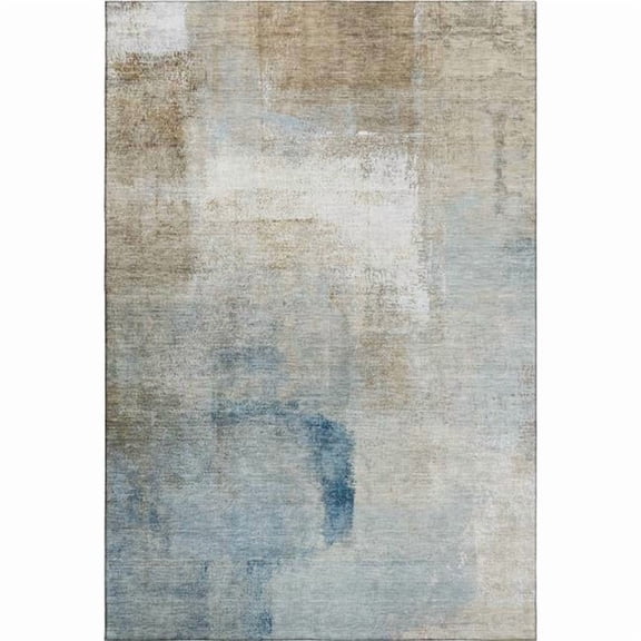 HomeRoots 665296 10 x 14 ft. Taupe Blue & Ivory Abstract Washable Machine Made Rectangle Area Rug with UV Protection