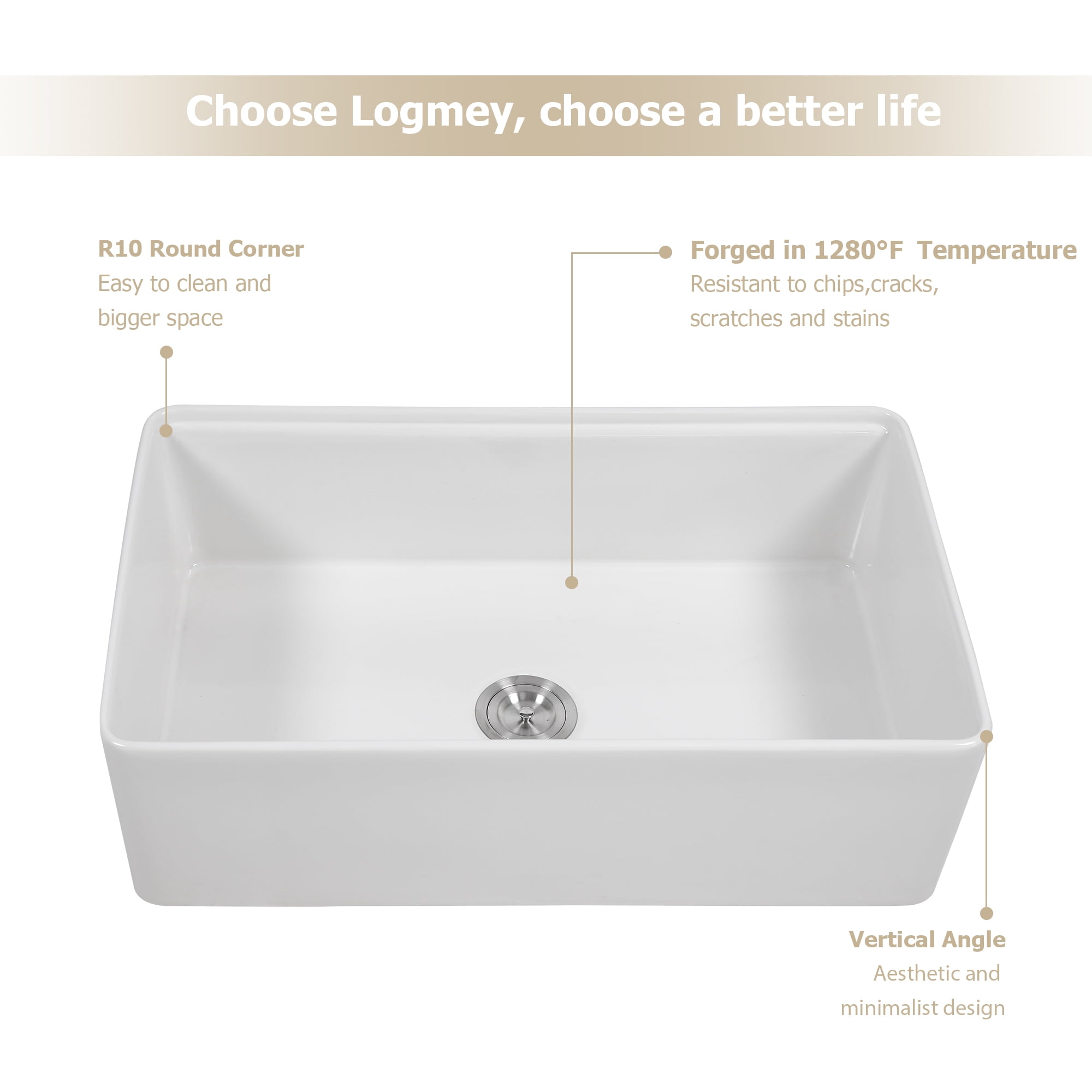 LOGMEY 33"x20" White Ceramic Farmhouse Workstation Kitchen Sink - Single Bowl, 3.5" Drain, Accessories Included (Cutting Board, Colander, Drying Rack)
