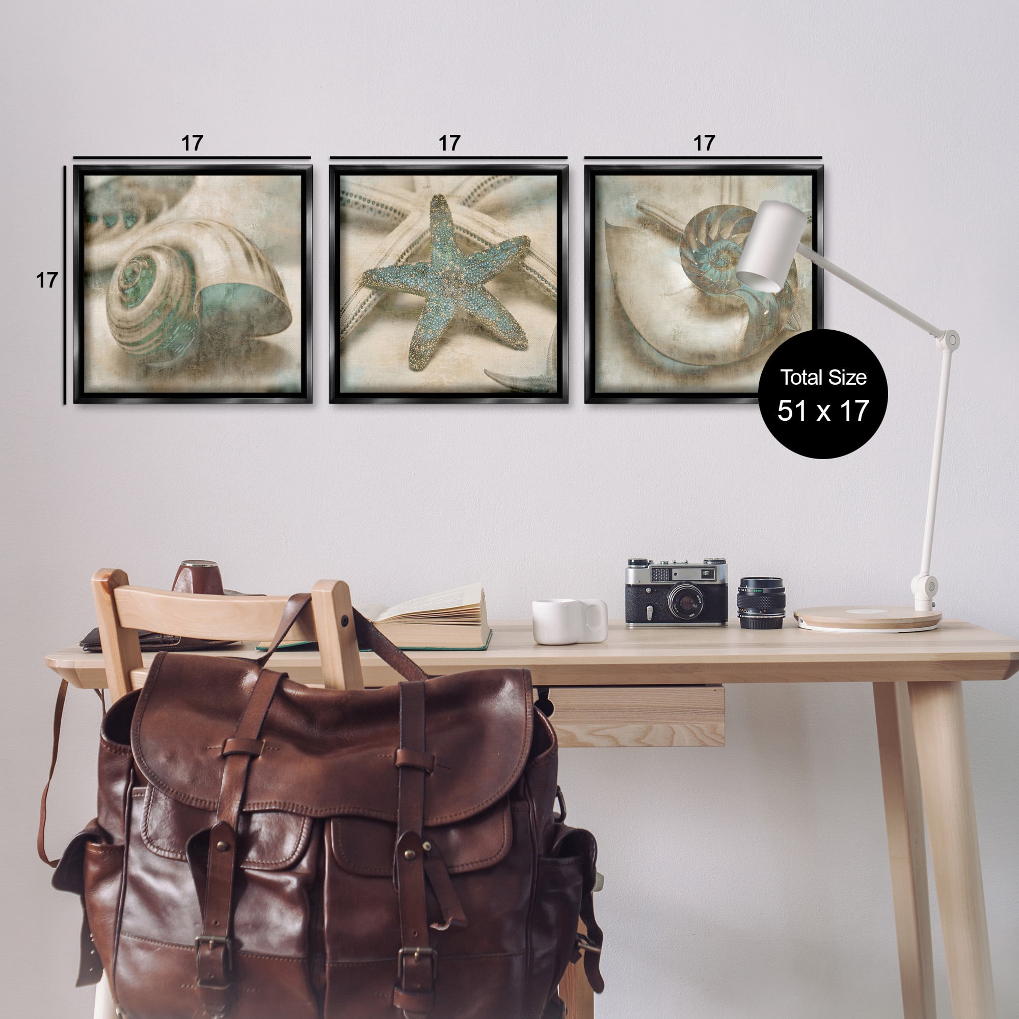 Stupell Industries Starfish & Sea Shells Distressed Nature Painting Black Floater Framed Canvas Art Print Wall Art, 18 x 18, Set of 3