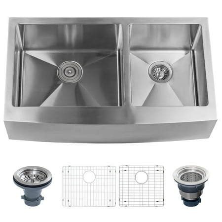 Miseno MNO163620F6040 36 in. Farmhouse Double Basin Stainless Steel Kitchen Sink with Apron Front 60-40 Split Drain Assemblies & Fitted Basin Rack