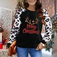 thumbnail image 3 of Sudadera de mujer con cuello redondo y dobladillo curvo con estampado navideño y manga larga con retazos, color negro XL, 3 of 6