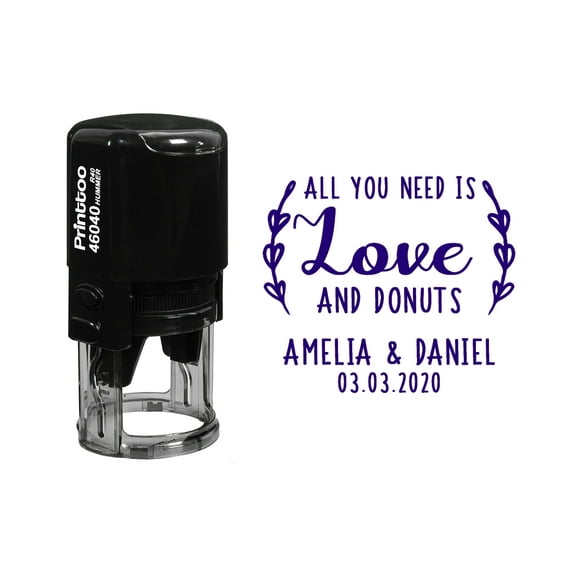 Printtoo Personalized Heavy Duty Violet Self Inking Wedding Favor Round Rubber Stamp All You Need Is Love And Donuts Custom Stamper-40 mm