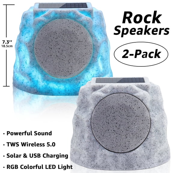 NiceBuy Outdoor Waterproof Solar Powered Bluetooth Rock Speakers with TWS Pairing and RGB Lights, 2 Pack