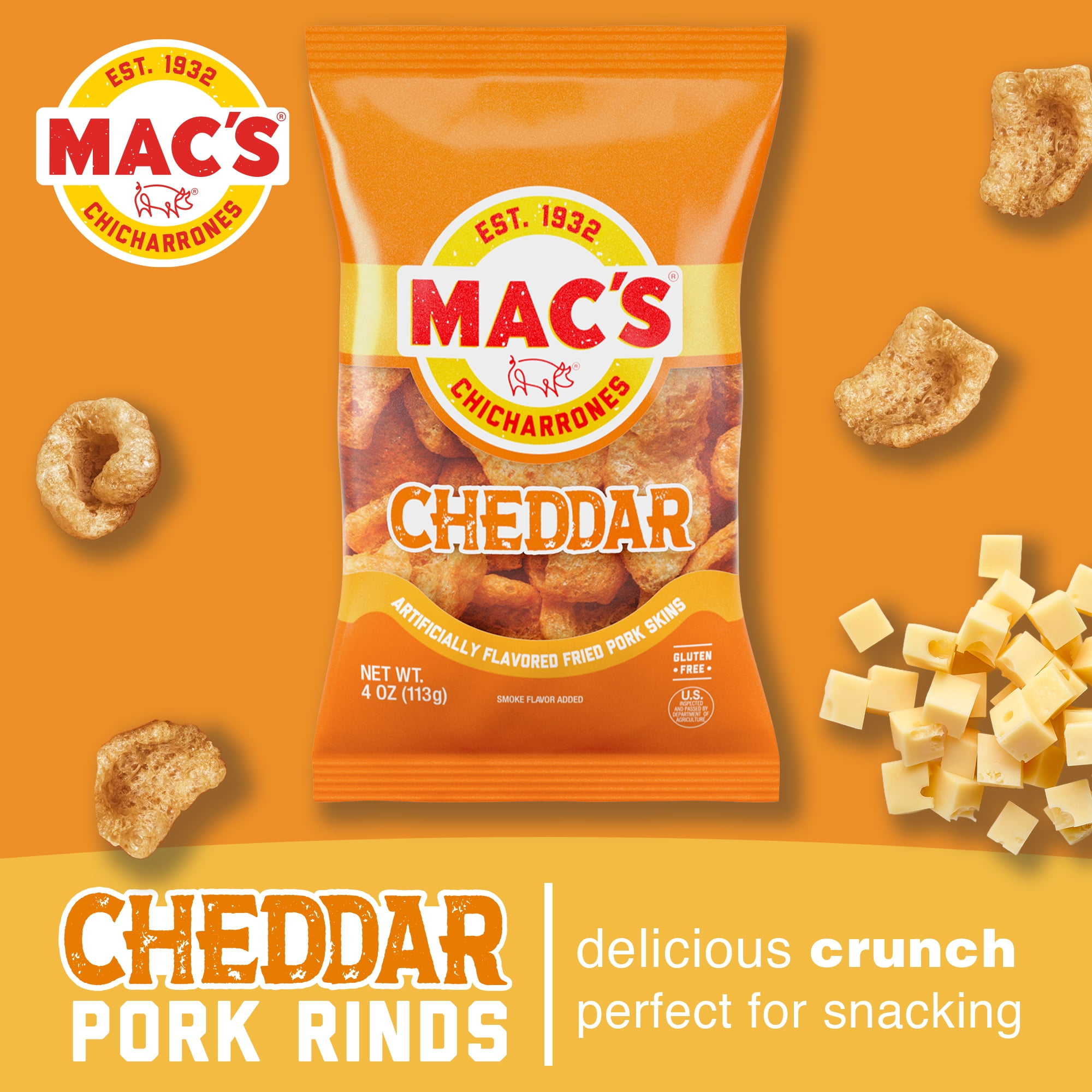 (5 pack) Mac's Chicharrones Cheddar Flavored Pork Rinds, Pork Skins, 4 oz Bag